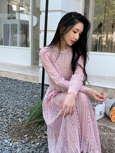 Bettergirl 2025 nuevo Otoño Invierno vestido <span class=keywords><strong>de</strong></span> cuello redondo <span class=keywords><strong>de</strong></span> manga larga <span class=keywords><strong>de</strong></span> encaje <span class=keywords><strong>rosa</strong></span> - Product Image 2