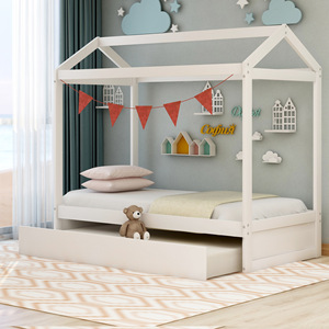 White Wooden House Bed With Pull Out Drawer <b>Storage</b> For <b>Kids</b> Bedroom Furniture - Product Image 2