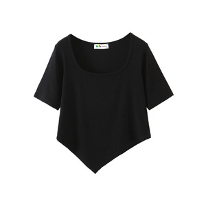 Runqi N8366 Blusa Modal Asimétrica de Cuello Cuadrado para Mujer, Manga Corta, Talla Grande, Color Sólido, Estilo Casual - Product Image 1