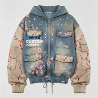Chaqueta Oversize Personalizada con Lavado Ácido, de Peso Pesado, para Hombre, con Parches de Pedrería y Bordados, con Cremallera, Estilo Vintage Streetwear, Cortavientos