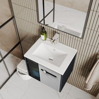 Ensemble de coiffeuse de salle de bain simple murale moderne contemporaine noir et gris clair de 31.5 pouces avec miroir et lavabo