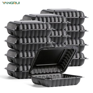 903 Black Plastic Clamshell 3 Compartments Fast Food Take Away Lunch Packing Organizer Boxes Container