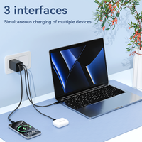 Cargador GaN personalizado de 65W con 3 puertos PD QC3.0, adaptador de cargador de pared USB C de carga rápida con cable retráctil