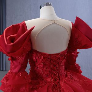 Robe de mariée rouge à col carré, manches longues, appliques en dentelle, perles, traîne cathédrale, volants, en satin, robe de soirée Rsm231122 - Product Image 4