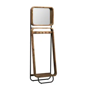 Freestanding Coat Rack with Mirror in Natural in Rustic Brown And Black Hanger Stand Hall Tree with 3 Storage Shelves and Hook
