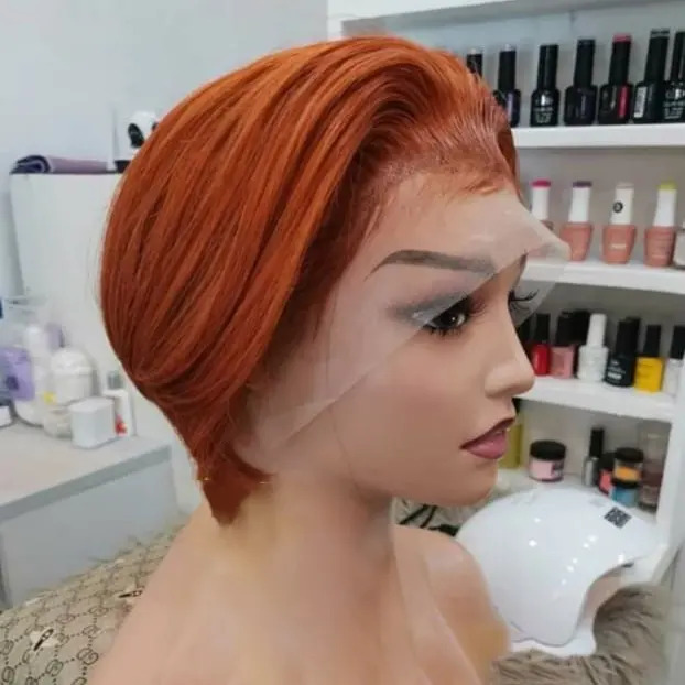 Cuticle Aligned Unprocessed Brazilian Virgin Human Hair Pixie Short Bob Cut Wigs Ginger Color Orange 350# 13x4 Lace Frontal Wigs