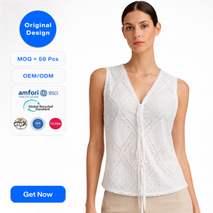 SHENGFU Design Originale Top in Pizzo Bianco per Donne, Elegante Camicetta Senza Maniche con Scollo a V e Laccetti, Lussuosa Blusa da Donna OEM - Product Image 1