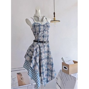 Blue Tie Dye Patchwork Plaid Suspender Dress Women A Line Tight Waist Asymmetric Casual Dress Daily Wear - Product Image 4