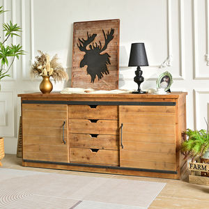 Meuble TV rustique en bois fait main avec porte coulissante et rangement, finition antique, pour salon - Product Image 1