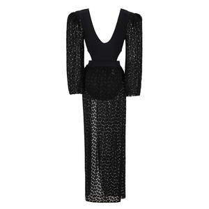 TW Set di un pezzo gonna di <span class=keywords><strong>pizzo</strong></span> <span class=keywords><strong>nero</strong></span> Sexy a <span class=keywords><strong>maniche</strong></span> <span class=keywords><strong>lunghe</strong></span> con scollo a V a vita alta trasparente abito estivo da spiaggia - Product Image 6