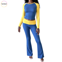 Ensemble ODM pour femme : haut court à manches longues raglan color block et pantalon évasé taille haute pliable, extensible, grande taille, pour yoga et streetwear