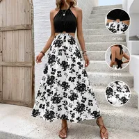 Robe décontractée à col halter, imprimé floral noir et blanc, tenue pour les vacances d'été