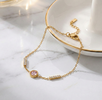 Pulsera de Acero Inoxidable Impermeable con Circonita Rosa |   Cadena Delicada Chapada en Oro de 18K, Resistente al Deslustre, Venta al Por Mayor