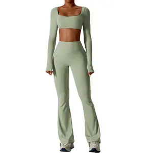 Shock-proof nude yoga suit with waist long sleeve top tight slacks sports suit
