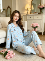 Pyjama Minimaliste en Coton Pur pour Femme, Luxueux et Mignon, Automne, Manches Longues, Polaire Fine, Respirant, Taille Élastique, Col Rabattu