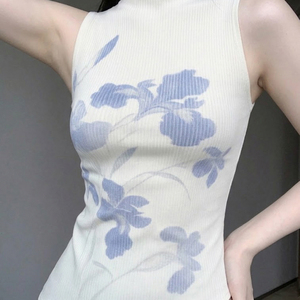 เสื้อแขนกุดพิมพ์ลายดอกไม้คอสูงสไตล์สาวหวานสำหรับผู้หญิง – เสื้อสายเดี่ยวสีพื้นทรงเข้ารูปสำหรับใส่ลำลอง - Product Image 6