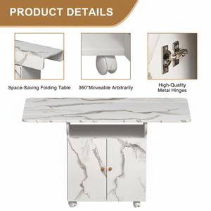 Mesa de Comedor Plegable de Madera Color Mármol Blanco D0100HAMZ5W, Mueble de Almacenamiento con 6 Ruedas Extraíbles, Mesa de Entrada, Bar para el Hogar - Product Image 1