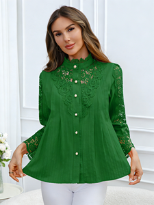 เสื้อชีฟองสีเขียวสำหรับผู้หญิงไซส์ใหญ่ คอทรงโอ กระดุมมุก ทรงหลวม สไตล์ลำลอง ผ้าลูกไม้ แขนยาว - Product Image 4