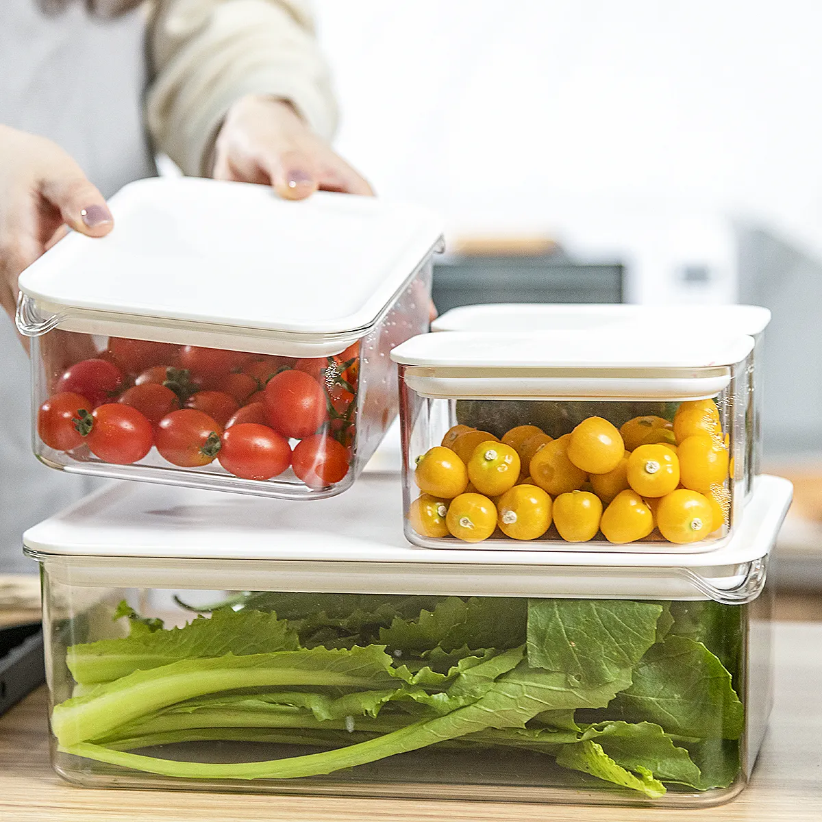 Dapat ditumpuk plastik bening persegi penyimpanan makanan wadah dapur Crisper Jar sayuran kotak dapur pengatur dengan tutup