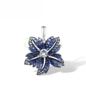 Best selling Modern Blue Lily Flower 925 Sterling Silver Black White Plating Pendant Blue Nano CZ Blue Spinel with out chain