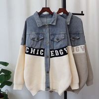 HanOu Prêt à expédier – Pull tricoté pour femme en jean patchwork, taille unique, collection hiver