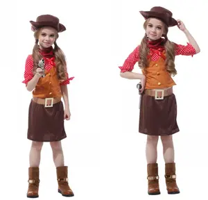 为儿童装扮美国牛仔女郎服装狂野西部为女孩装扮万圣节派对