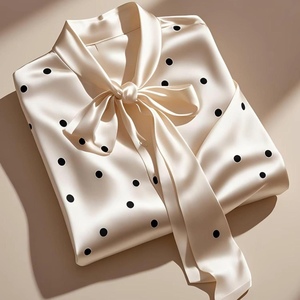 Design Loose Shirt Women's Vintage Bow Tie Neckline Polka Dot <b>Satin</b> Top <b>Blouse</b> Shirt Fashion - Product Image 3