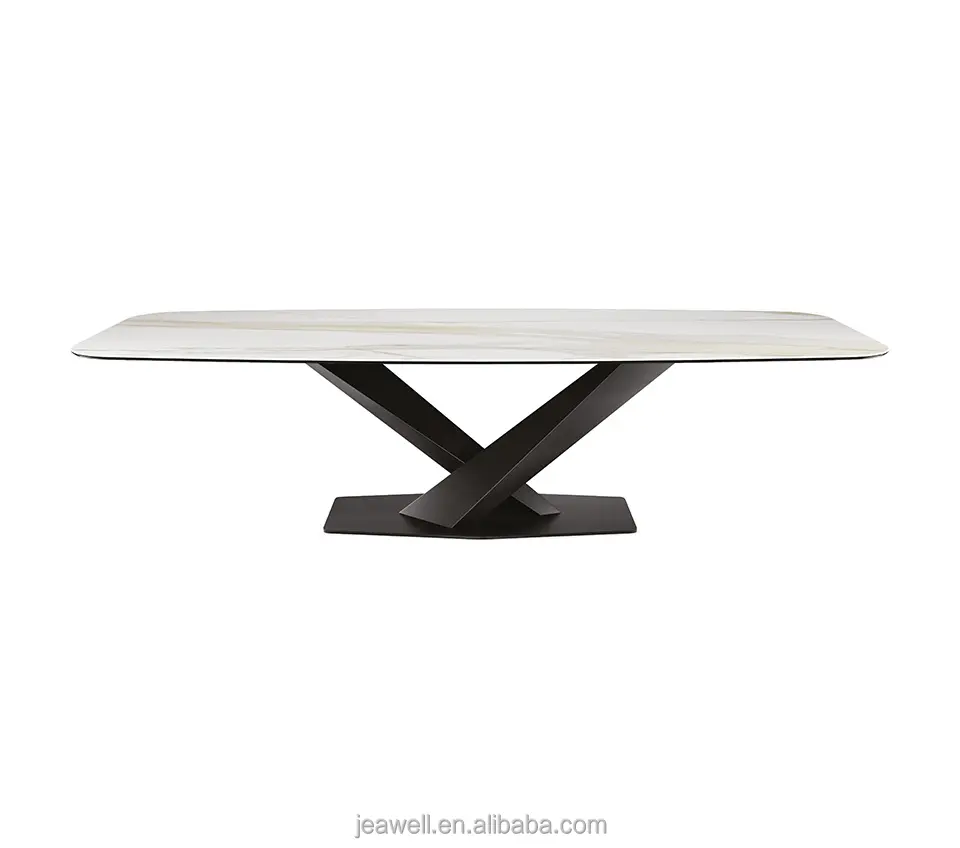 Juego de mesa de comedor de cerámica blanca rectangular pequeña nórdica, mesa de comedor de piedra sinterizada con marco de metal