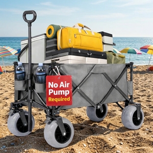 Heavy Duty Outdoor Foldable Camping <b>Wagon</b> PU Foam Filled Wheel Brown <b>Folding</b> Beach Cart for Sand Use - Product Image 1