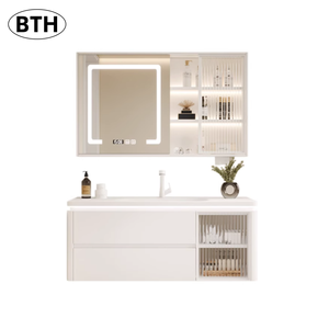 Combinación de Mueble de Baño de Madera Maciza con Lavabo Integrado de Cerámica y Espejo LED para Hogar y Hotel, Tocadores de Baño Modernos - Product Image 1