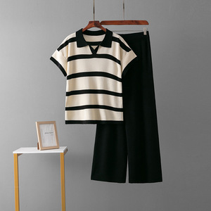 Women's Summer New Casual Fashion Sweater Set Breathable Striped Pattern Knitted Top and Wide Leg <b>Pants</b> with Loose Fit - Product Image 3