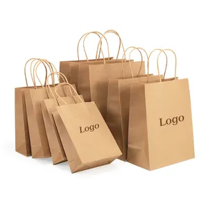 Venta al por mayor reciclable marrón compras regalo bolsas de papel Kraft logotipo personalizado restaurante comida rápida entrega para llevar bolsa con asa