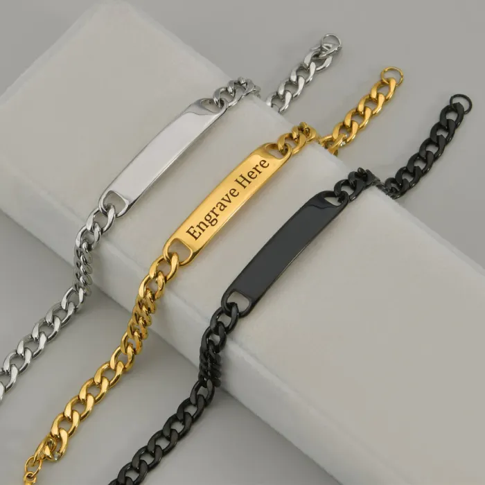 Personalized Bracelet Jewelry Silver/gold/black Plated Message Engraved Stainless Steel Custom Customize Charm Long Bar Bracelet