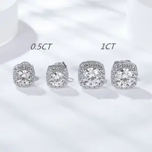 Silver 925 Moissanite Earrings Engagement Halo Square Shape Stud Earrings Gold Plated 0.5c 1ct Moissanite Jewelry