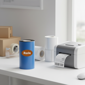 ริบบิ้นถ่ายโอนความร้อนแบบเรซิ่น 110 มม. x 300 ม. หมึกสีดำ แกนกลางขนาด 1 นิ้ว สำหรับใช้กับเครื่องพิมพ์ฉลากบาร์โค้ด - Product Image 1