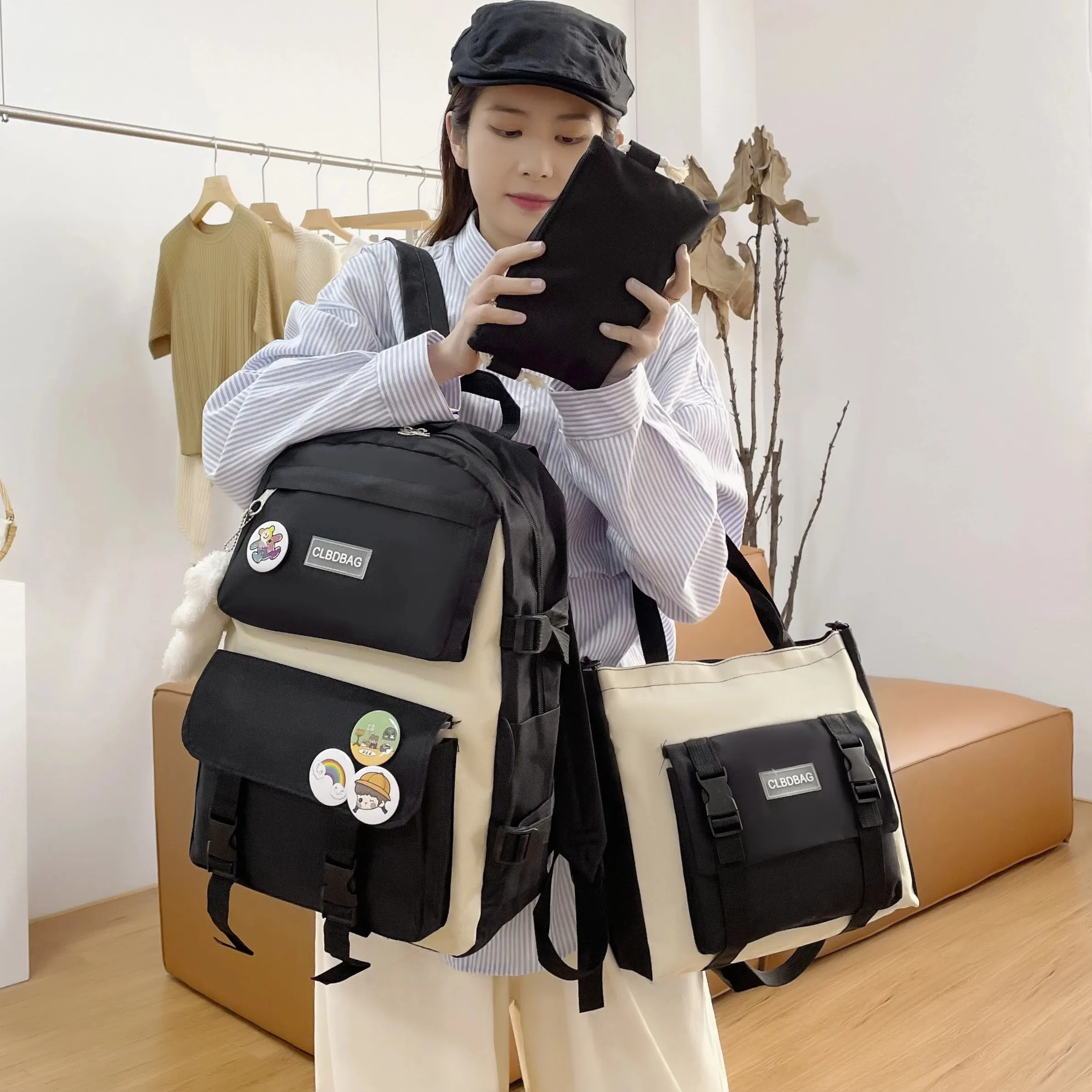 4 Pcs Set Harajuku Women Laptop Backpack Canvas School Bags For Teenage Girls Kawaii College Student Kids Book Bag Rucksack 2022