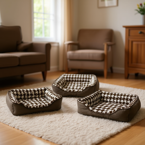 Set di tre pezzi per cuccia marrone con motivo a griglia, in pelo di coniglio, a forma di nido quadrato - Product Image 3