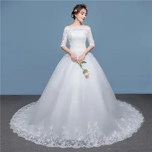 Corea moda elegante de hombro de manga corta de cola larga de encaje marfil boda vestido de novia