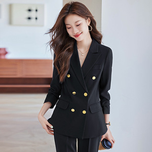 Women's Navy Blue Suit Set Double Breasted Anti-Wrinkle Solid Color Professional Work Wear - Product Image 4