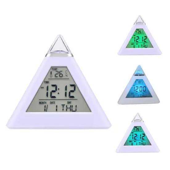 Perpetual Calendar Thermometer Home Decoration Triangle Pyramid Colorful Backlight Digital Table Desk Alarm Clock