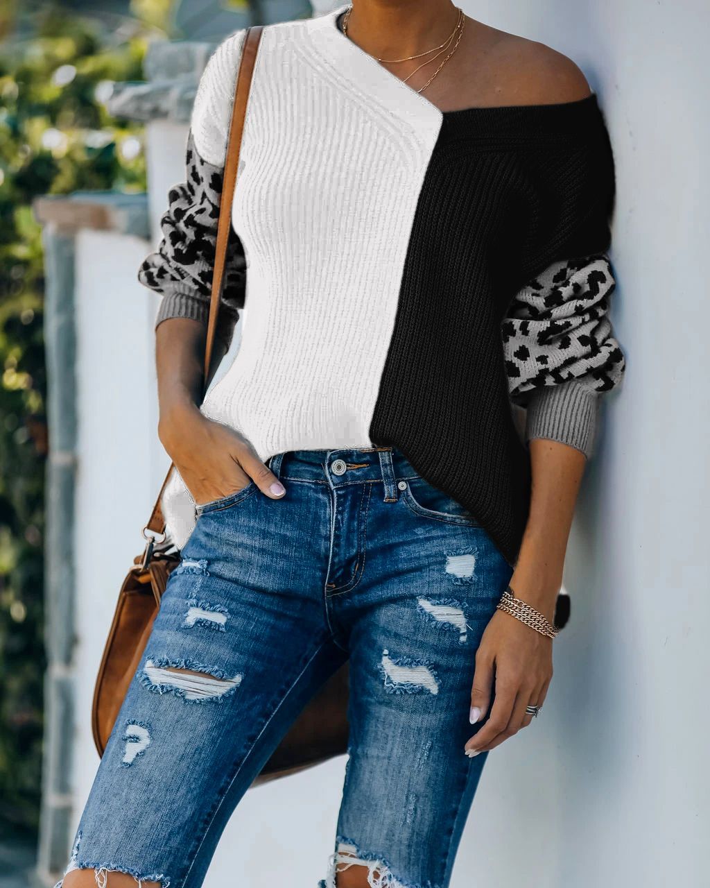 2021 New Arrival Autumn Woman's Sweater loose pullover sweater leopard print casual long sleeve splicing wholesale sweater