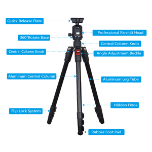 Trépied en aluminium avec rotation à 360° ° Plaque à dégagement rapide à rotule, charge maximale de 8 kg, hauteur réglable, trépied de voyage pour appareil photo reflex numérique/reflex numérique, téléphone - Product Image 6