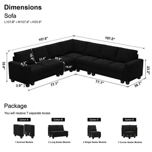 Belffin Modular Velvet Sectional L Shape Sofa Couch Oversized Convertible Sectional Sofa Couch with raise for Living Room Black