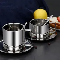 Ensemble de 3 tasses à café en acier inoxydable à double paroi, résistantes à la chaleur, avec soucoupe et cuillère, vaisselle de table, accessoires de cuisine et de café