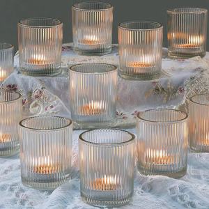 Wholesale Clear <strong>Small</strong> Cylinder Vertical Stripe Ribbed Glass <strong>Candle</strong> <strong>Holder</strong> Votive Wax Jar for Tealight Wedding Glass <strong>Candle</strong> Jars - Product Image 1
