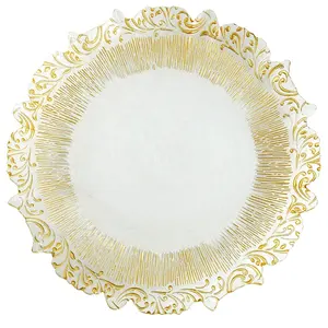 Wholesale Event Wedding Decoration 13 Inch Round Gold Floral Clear Transparent Fluted Charger Plate With Gold Rim