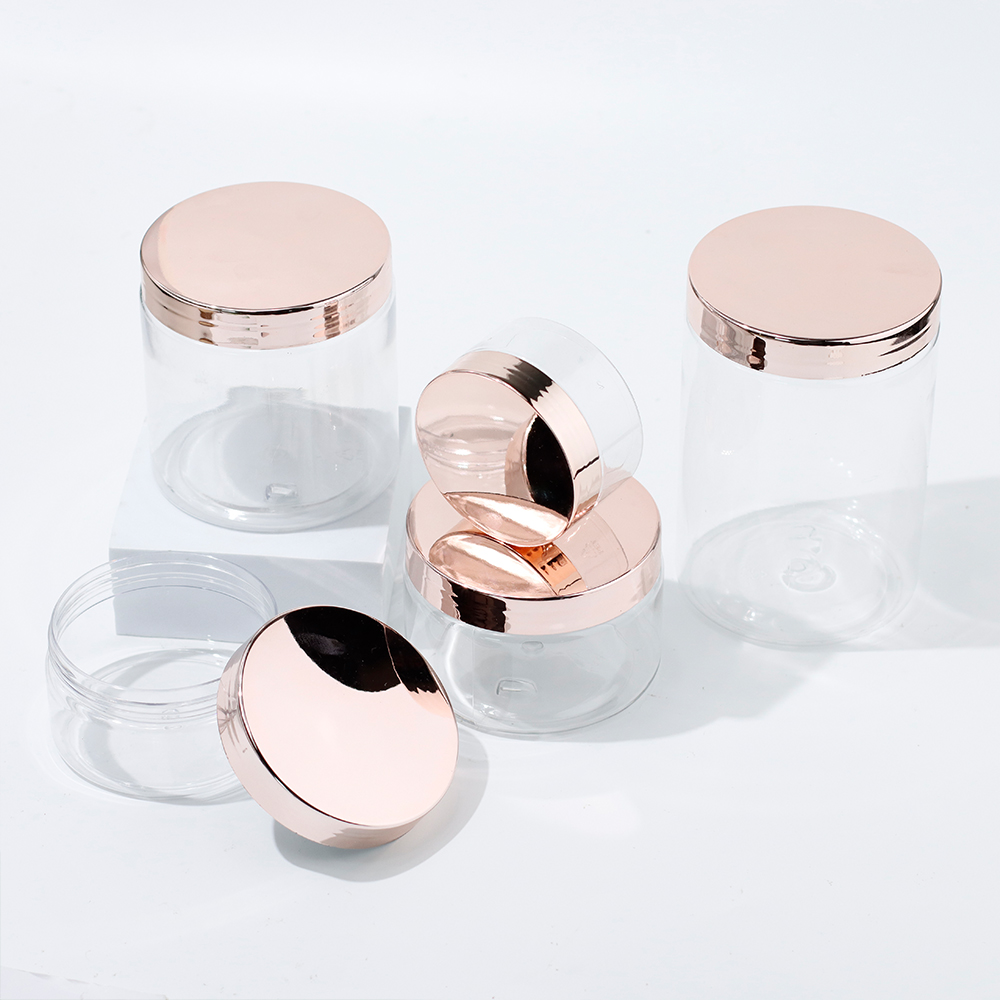 50ml 100ml 150ml 200ml 250ml 500ml Clear Plastic Cosmetic Container Cream Jar With Gold Lid Rose Gold Lid