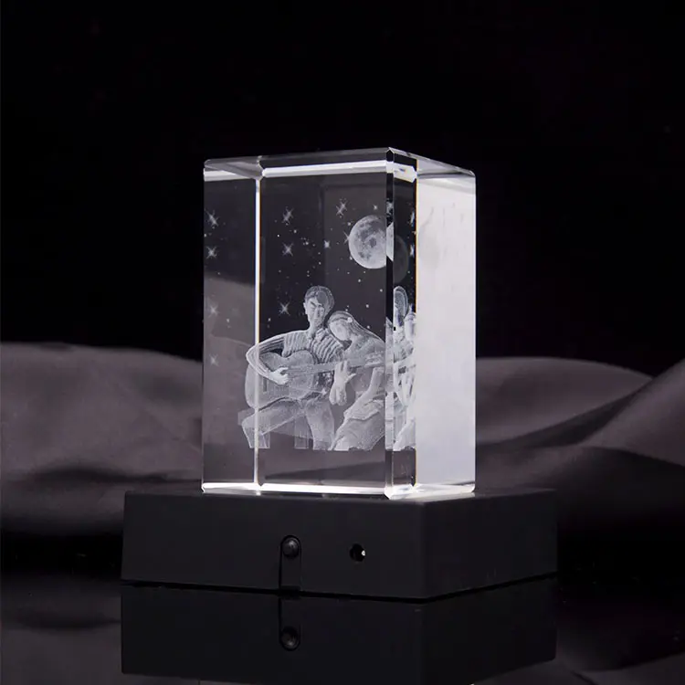Honor Of Crystal Supplier Wedding Gifts Led Base Glass Cube Rose 3D Laser Engraved Crystal Blank K9 Crystal Cube