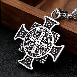 yunnique Stainless Steel <b>Cross</b> Pendant Necklace For Men Saint Benedict Exorcism Charm Punk Hip Hop Jewelry Gift - Product Image 4