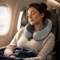 Oreiller de voyage portable pliable en forme de U, coussin compact en peluche avec pochette de rangement pour avion, voiture, maison, bureau, sieste